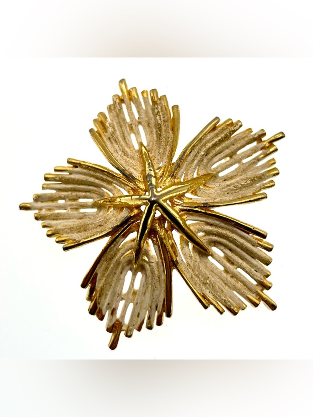 Vintage Kramer Gold Tone Starburst Brooch MCM Whitewashed Textured Pin Signed